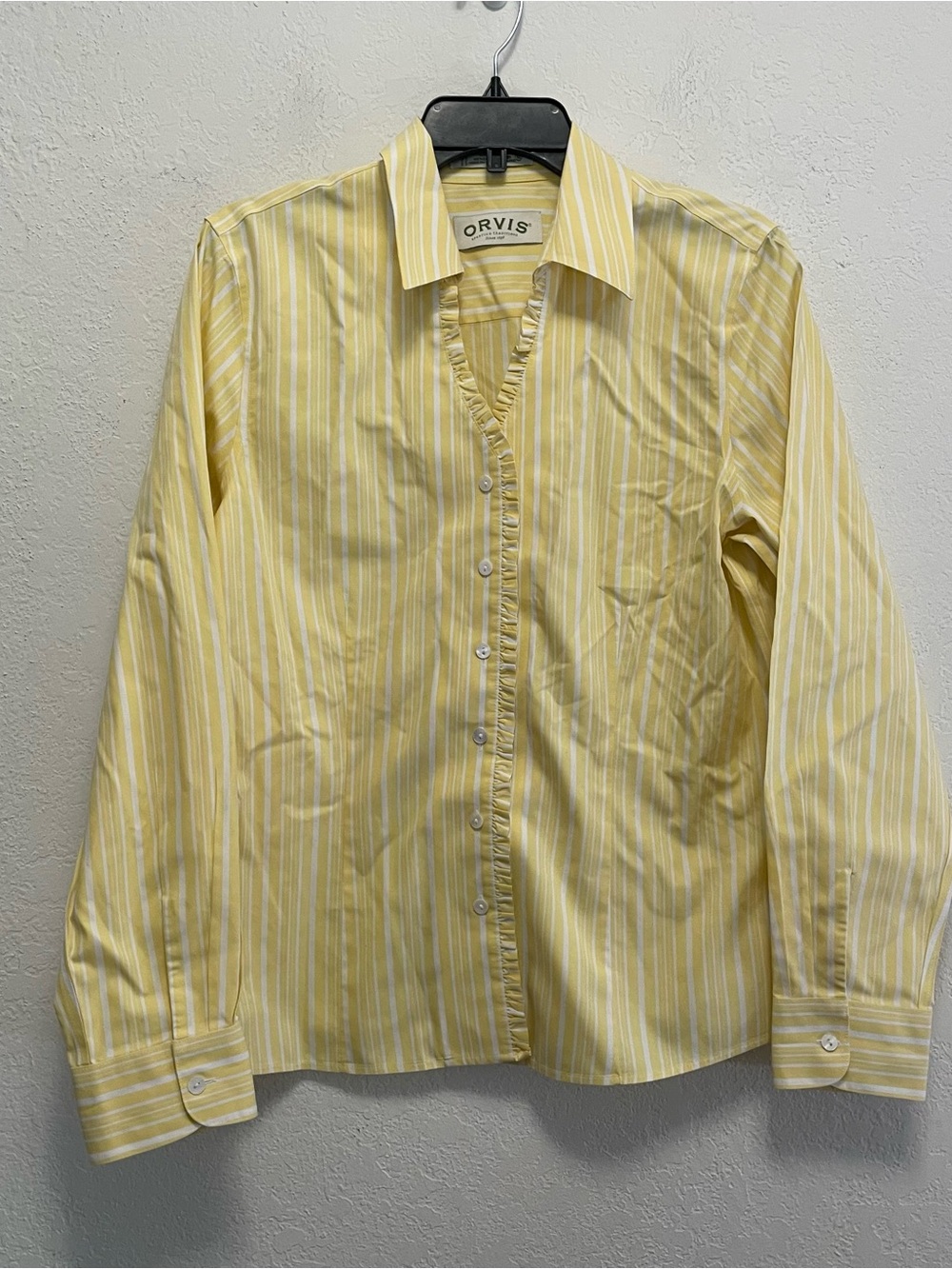 Orvis Wrinkle Free Shirt Women's 14 Yellow White Cotton Striped Long Sleeve